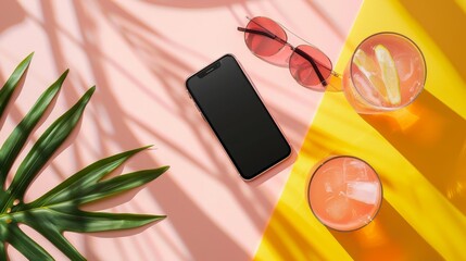 Colorful Summer Smartphone Mockup with Tropical Background - Great for Tech Ads, Stock Photos, and Lifestyle Content