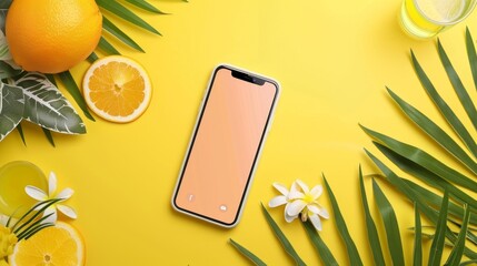 Stylish Summer Mockup with Smartphone and Tropical Fruits - Ideal for Technology, Marketing, and Social Media Use on Stock Photo Platforms