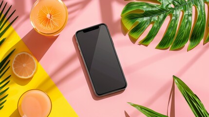 Vibrant Summer Smartphone Mockup with Tropical Leaves and Fruits - Ideal for Social Media, Marketing, and Tech Promotions