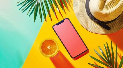 Colorful Summer Smartphone Mockup with Tropical Background - Great for Tech Ads, Stock Photos, and Lifestyle Content