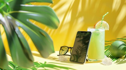 Bright Summer Smartphone Mockup with Tropical Elements - Perfect for Stock Photos, Blog Posts, and Tech Reviews