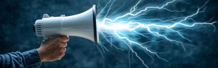 Obraz premium A man holding a megaphone with lightning bolts emanating from it against a blue background