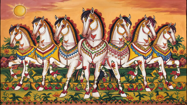 High resolution seven horses wall art poster for wall decoration, seven horses images illustration.