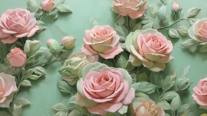 Blooming Elegance: A Seamless Pattern of Pink Roses on a Green Background