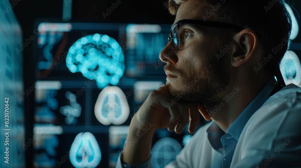 Poster research and development department writing neural network code in a technological office environmen