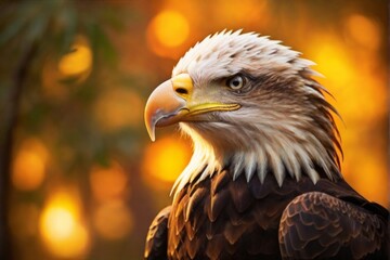 Obraz premium American bald eagle, Professional wild life photography, in forest, sunset bokeh blur background, animals & birds, cinematic, wallpaper