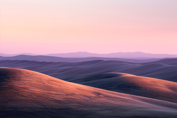 A serene landscape of rolling sandstone hills under a sunset sky, the delicate strata layers glowing with warm golden and pink hues, a peaceful and pristine setting.