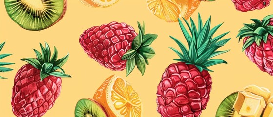 Colorful cartoon fruit pattern with pineapples, kiwis, and oranges on a yellow background, perfect for summer and tropical-themed designs.