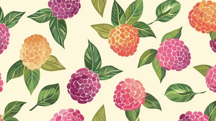 Colorful floral pattern with vibrant hydrangea blooms and green leaves on a light background. Perfect for fabric, wallpaper, or stationery design.