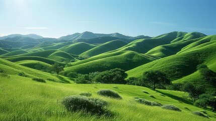 Obraz premium Rolling green hills with scattered shrubs and trees against a clear blue sky. Generative AI.