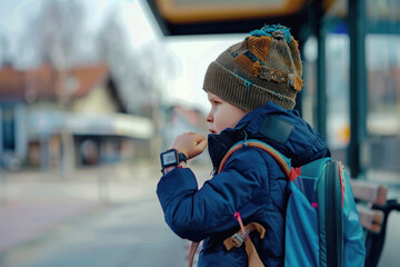 A young child at a bus stop, backpack on, looking at a digital watch, capturing the anticipation of waiting for the school bus.