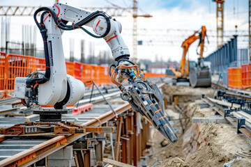 Advanced robotic arms performing precise tasks on a construction site, such as welding or material handling, against the backdrop of a busy site.