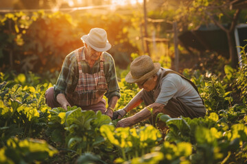 An elderly couple tending to their vegetable garden in the golden hour light, showcasing sustainable living and contentment.