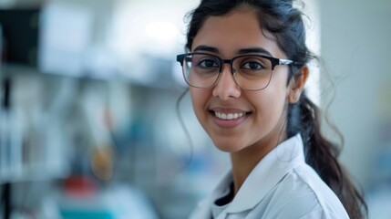 The photograph shows a close-up of a young Indian female specialist wearing a labcoat and sunglasses smiling. This young Indian woman is a professional and successful graduate student, an engineer,