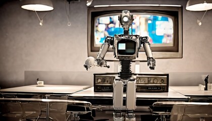 A futuristic robot with a screen for a face sits at the counter of a retro-style diner, enhancing...