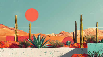 cactus plants and sunset in mexico desert, art collage style poster, retro, vintage, old fashioned, bright colors