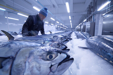 An employee in a cooling room inspecting large tuna fish stored on ice, ensuring quality control in a seafood processing facility.