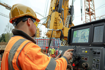 An engineer at a construction site operating a crane via remote control, demonstrating the use of remote operation technology in heavy machinery.