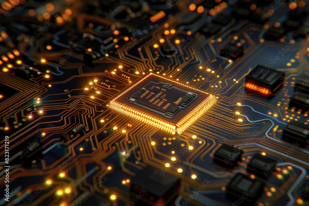 Wall mural close-up of a computer chip on a circuit board, components illuminated, high detail on microchips an