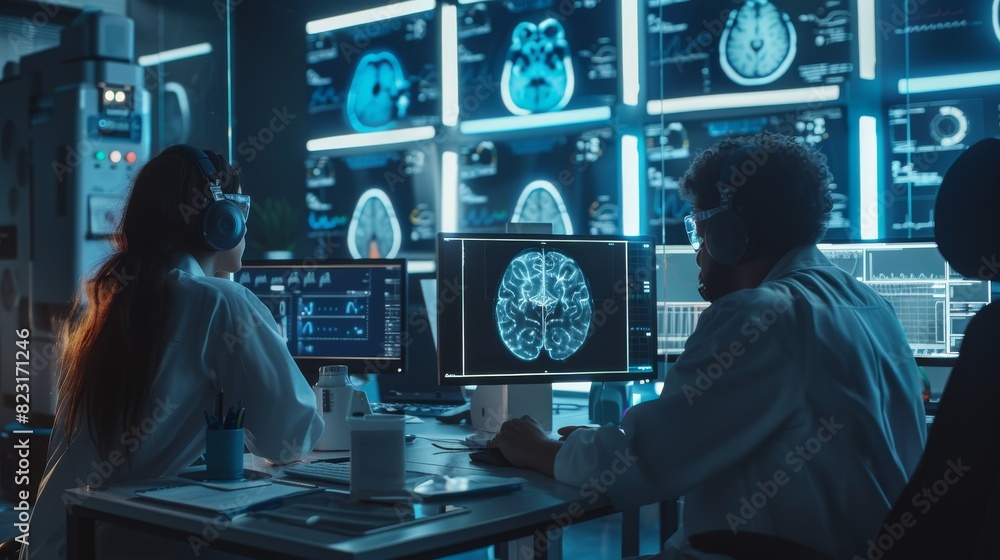 Poster a multi-ethnic man and woman working on solutions for brain tumors while working with a computer-pow