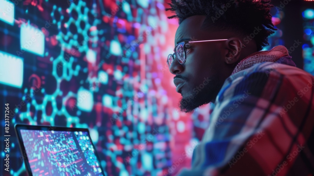 Poster typical picture of a young, black male working at a laptop computer, looking at a big digital screen