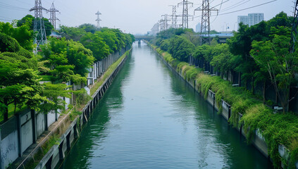 long straight river with dam and power line in Bangkok, Thailand, photo taken from above