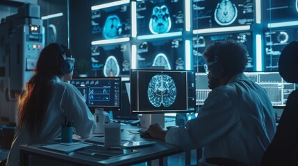 A multi-ethnic man and woman working on solutions for brain tumors while working with a computer-powered virtual hologram of a human brain.