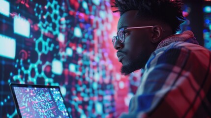 Typical picture of a young, black male working at a laptop computer, looking at a big digital screen that displays 3D neural network visualizations. A professional data analyst analyzes a user's