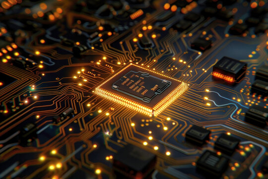 Close-up of a computer chip on a circuit board, components illuminated, high detail on microchips and circuitry.