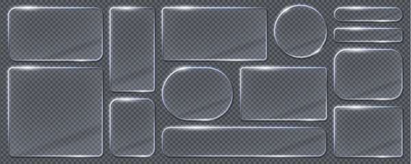 Glass light frames and borders. Realistic 3 vector transparent glass or plastic plaques in shape of rectangle, square, circle and elongated oval. Isolated set of glowing, glossy screens or billboards