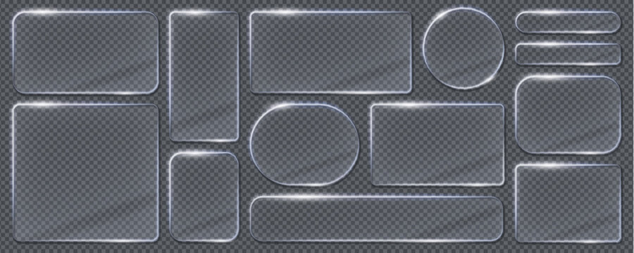 Glass light frames and borders. Realistic 3 vector transparent glass or plastic plaques in shape of rectangle, square, circle and elongated oval. Isolated set of glowing, glossy screens or billboards