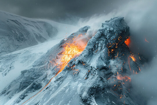 The calm beauty of a snow-covered volcanic peak, contrasting the fiery nature of its origin with the serene, icy covering, emphasizing the duality of natural forces.