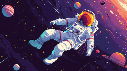 Naklejka premium Cartoon illustration of a cosmonaut floating in space, with planets and stars around