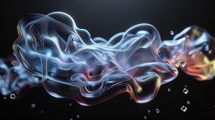 A variety of random minimal 3D shapes floating crazy like water in minimal colors and technical textures glow against a black background. Generative AI.