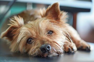 Close-up portrait of a dog lying on a table in a clinic. The concept for the development of veterinary clinics, treatment and care of animals.
