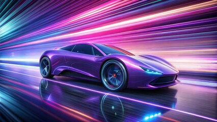 purle car, futuristic, speed effect, light rays