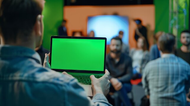 A startup CEO holds a laptop with a green screen on display and demos his product or service to a room full of investors. - Powered by Adobe