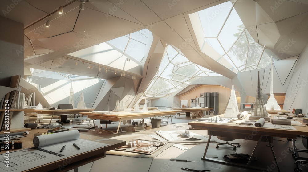 Poster a spacious architecture studio with drafting tables, scale models, and natural light from an expansi