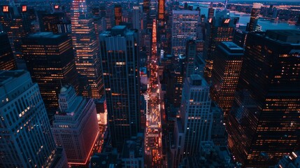 Obraz premium Aerial view of Wall Street's Financial District at night. Lit skyscrapers and office buildings on an evening in New York City, USA.