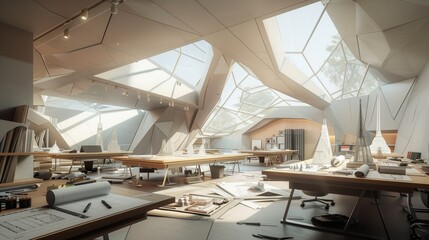 A spacious architecture studio with drafting tables, scale models, and natural light from an expansive skylight.