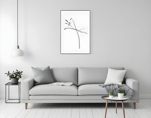 A white sofa with pillows, a poster on a wall, and pendant lights in a bright modern interior. 3D render