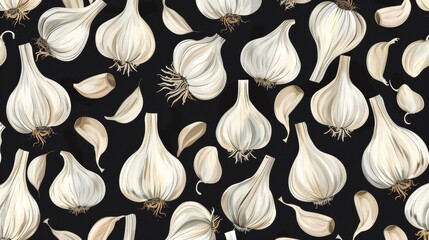 Seamless pattern of fresh garlic bulbs and cloves on a black background. Perfect for culinary, food backgrounds, and kitchen themes.