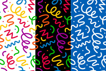 Squiggle line pattern. Vector vibrant, playful and colorful kids holiday squiggly doodle curves across a three-panel background of white, blue and black. Party themed print, creative confetti ornament