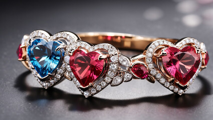 Three rings with heart-shaped gemstones in pink, blue, and purple are displayed on a wooden surface.

