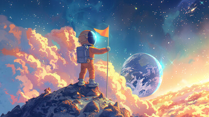 Obraz premium Cartoon of a child in a spacesuit, standing on a planet with a spaceship in the sky