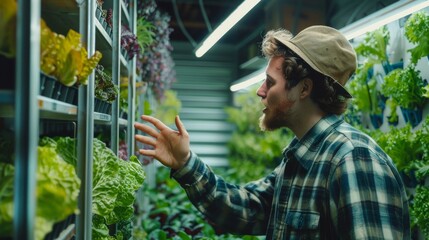 Talking to an agriculture engineer at a vertical farm about the quality of fresh plants before packaging and shipping. Gardener offering technical advice to colleague.