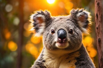 Obraz premium Koala, Professional wild life photography, in forest, sunset bokeh blur background, animals & birds, cinematic, wallpaper