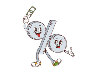 Retro groovy percent sign character showcasing contrasting emotions between happy and sad expressions while holding a money bill. Isolated cartoon vector percentage, financial personage in y2k style