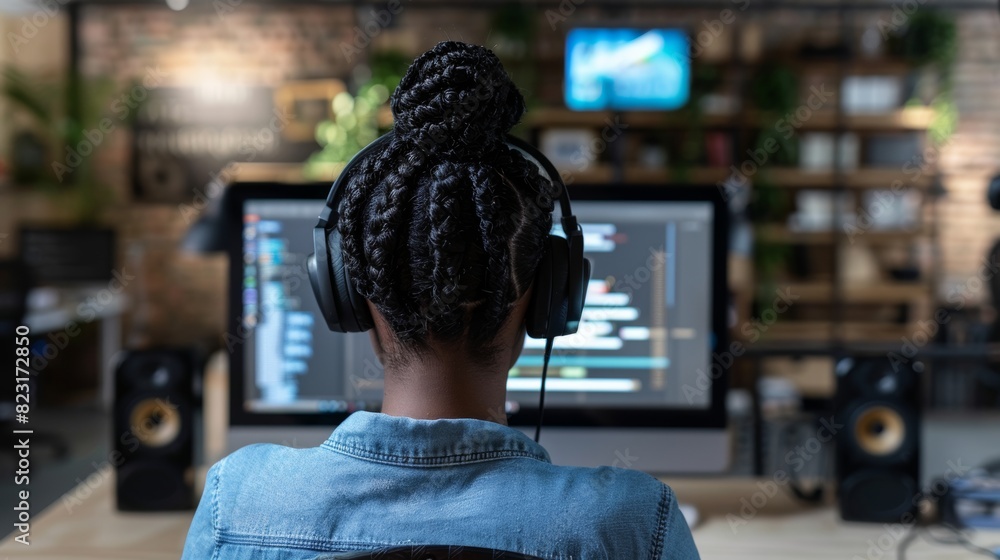Poster the creative office of a professional black female programmer stands behind a desktop computer liste