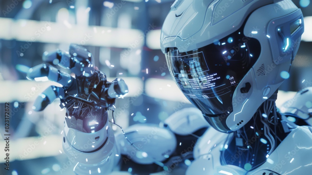 Poster 3d rendering of an artificial intelligence robot using web 3.0 virtual interface. humanoid takes adv